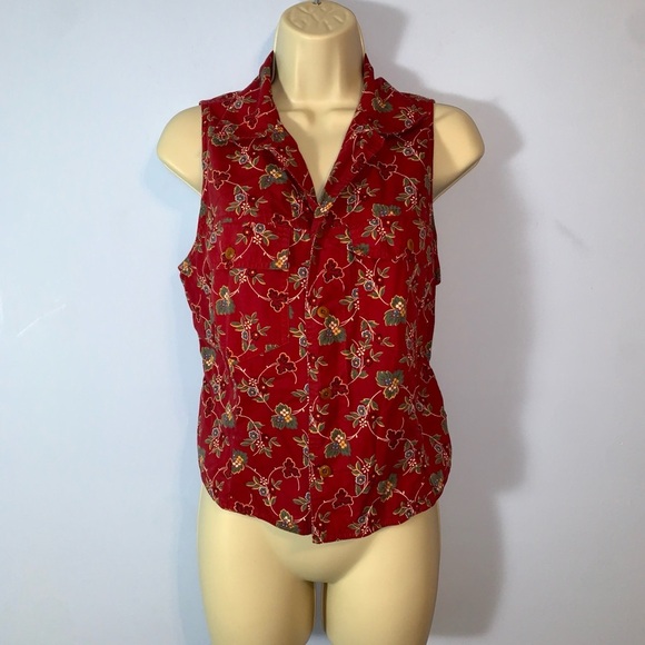 Ralph Lauren Country red Floral collared button Down sleeveless Shirt vintage L - Picture 2 of 7